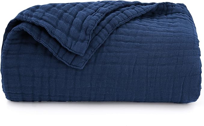 Love's cabin 6 Layer 100% Cotton Muslin Blanket, 60"x80" Twin Muslin Blanket for Couch Bed, Lightweight and Breathable Cotton Gauze for Adult, Dark Blue