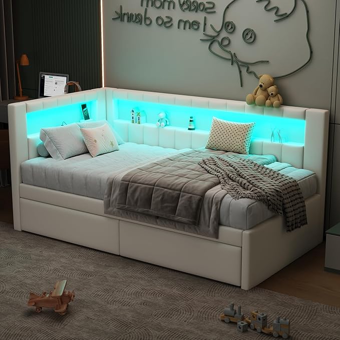 Twin Size Soft Daybed with Storage Drawers, Shelves and LED Belt, Linen Upholstered Corner Bed with L-Shaped Bookshelf Headboard and USB Charger for Kids Boys Girls, White