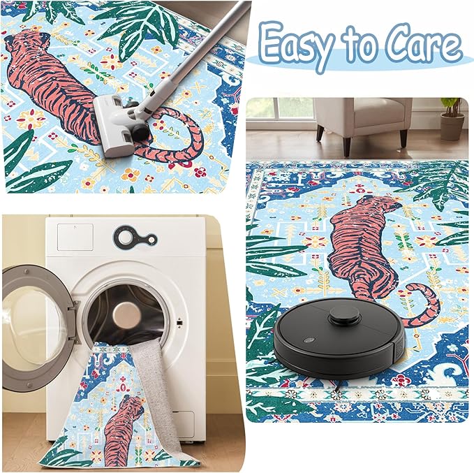 2x3 Washable Non-Slip Blue Tiger Rug for Bathroom Kitchen Entryway Whimsical Animal Cheetah Print Jungle Rug Boho Vintage Soft Cozy Tropical Woodland Small Carpet for Hallway Laundry Room