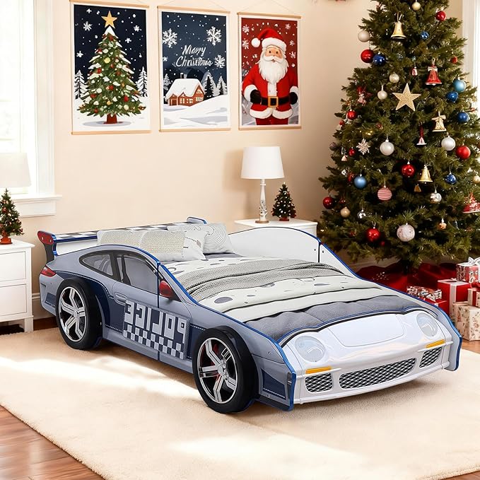 LKTART Twin Size Car Bed for Kids, Police Car-Shaped Wooden Platform Bed Frame with LED Lights, Headboard Wheels and Support Slats for Boys Toddlers Child's Bedroom (Blue)