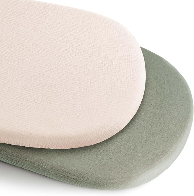 Konssy 2 Pack Muslin Bassinet Sheets for Baby Boy, 100% Cotton Soft Breathable Bassinet Mattress Sheets Fit for Hourglass Oval Cradle Rectangle Mattress (Fog Green,Cream)