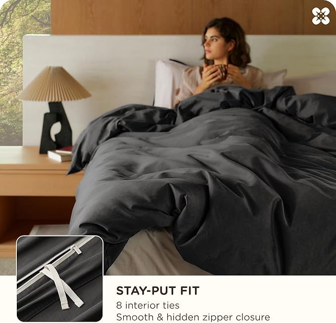 Bedsure Cotton Duvet Cover Queen, 100% GOTS Organic Cotton Duvet Cover Set, Fair Trade Certified Queen Bedding, Eco-Friendly, Ultra-Soft, Breathable Home Bedding for All Seasons(Dark Grey, 90"x90")