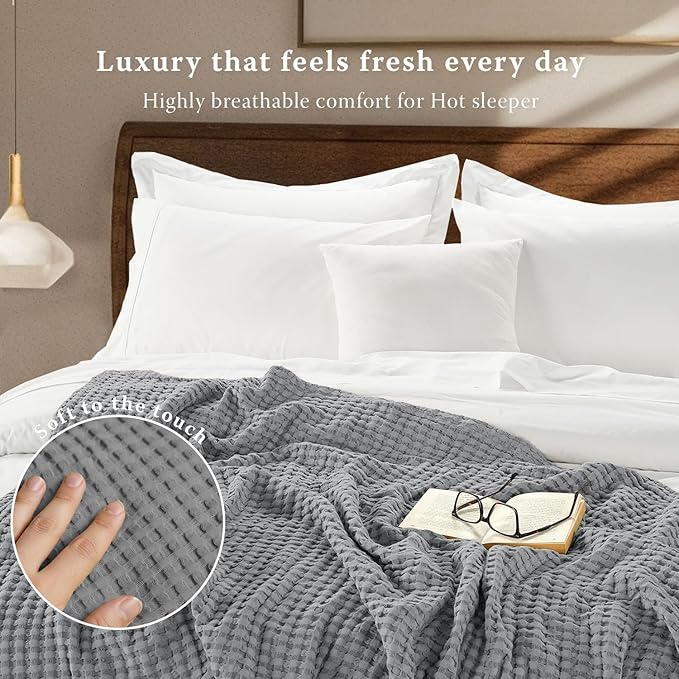 Threadmill Cooling Blanket Twin Size Waffle Weave| Breathable, Lightweight & Ultra-Soft | Made from Rayon Derived from Bamboo | Waffle Throw for Couch and Sofa | 68 x 92 Inches | Scottish Grey