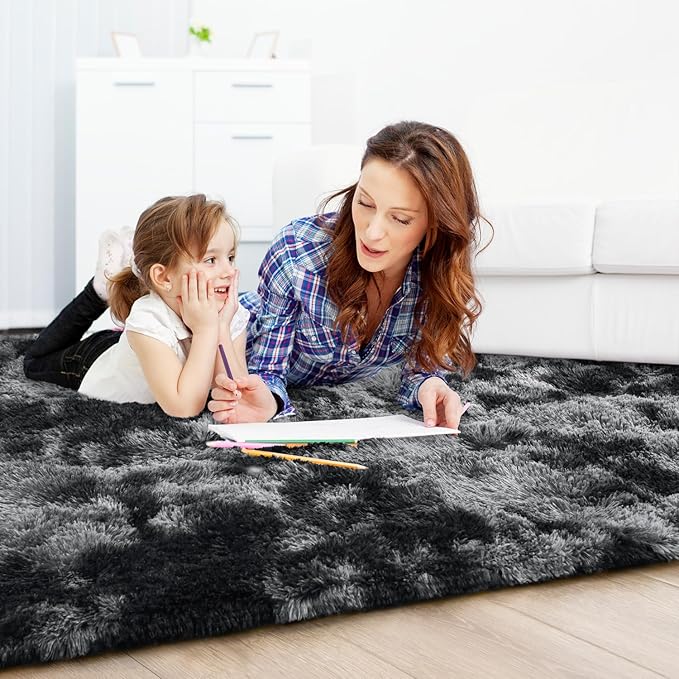 EVOIONOS Area Rug for Bedroom Living Room, Machine Washable 4x6 Fluffy Shag Rug, Soft Plush Non Slip Carpet for Indoor Floor Bedside Nursery Kids Room, Dorm, Home Decor Aesthetic, Tie-Dyed Dark Grey