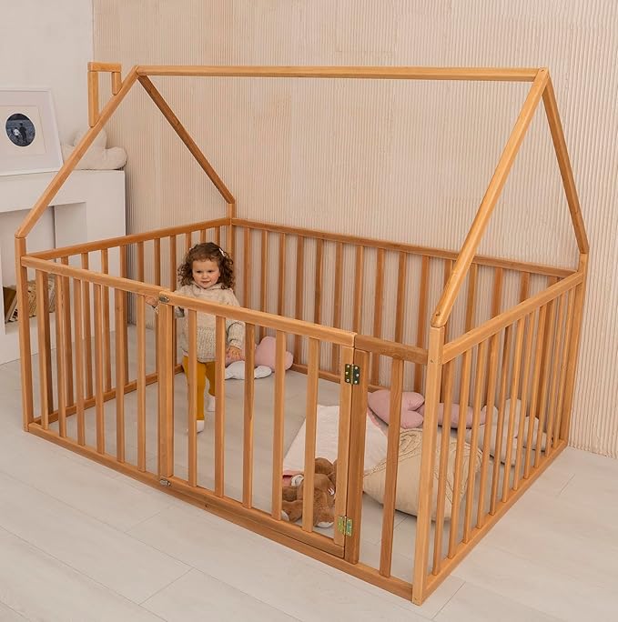 BUSY WOOD Montessori Bed with High Rails for Toddlers - Twin Floor Bed - Full, Queen, King, Small - Wooden Floor Bedframe (Model 21)