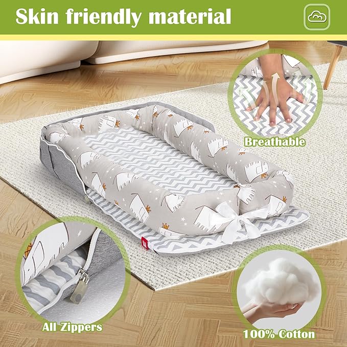 Baby Lounger for Newborn Portable Bag,Baby Nest Play Gym mat with Strap,Newborn Lounger Adjustable Size & Inner Zipper Lengthen Space to 24 Months(Gray Thousand Bird Check)