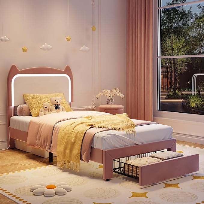 Garvee Twin Upholstered LED Bed Frame with Storage Drawer & Cute Cat Headboard, Velvet Princess Platform Bed Frame with Sturdy Wood Slats Support for Girls/Kids, No Box Spring Needed, Pink