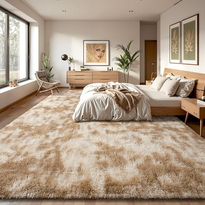 EVOIONOS Area Rug for Living Room Bedroom, Washable 6x9 Fluffy Shag Large Rug, Soft Plush Non Slip Carpet for Indoor Floor Bedside Nursery Kids Girls Room Dorm, Home Decor Aesthetic, Tie-Dyed Camel