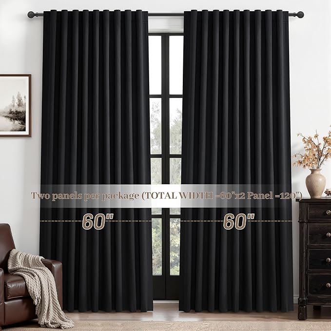Black Out Curtains 60 Inches Extra Wide Luxury Linen Curtains 84 Inch Length for Living Room, Pleated Farmhouse Bedroom Thermal Heavy Drapes for Winter Thick Large Window 60"W x 84"L 2 Panels