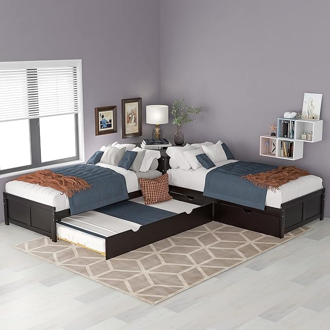 Harper & Bright Designs L-Shaped Platform Bed Frame with Trundle and Drawers Linked with Built-in Desk for Kids Boys Girls, Twin, Espresso