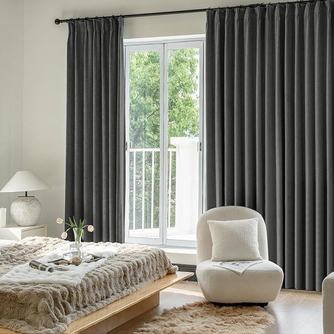 IVAPUPU Linen Pinch Pleated 100% Blackout Curtains for Bedroom - 2 Pages Black Out Grey Curtains 84 Inch Long 2 Panel for Living Room Darkening Thermal Window Curtain Drapes with 16pc Hooks