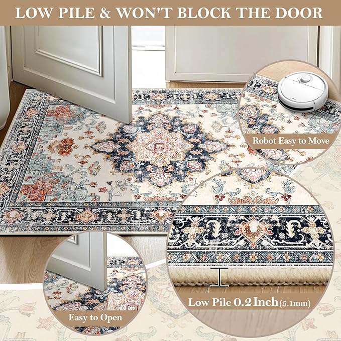 Machine Washable Rugs Nursery Rug 5x7 Cute Girl Non Slip Low Pile Water Repellent Soft Print Pattern for Bedroom Indoor Decor Kids Playroom Bluebeige