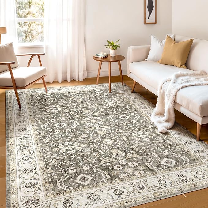 WITSHOCK Living Room Area Rugs 5x7: Washable Rug Boho Soft Non-Slip Low Pile Stain Resistant Foldable Carpet for Bedroom Playroom Dining Room Office Kitchen Farmhouse Home Decor Rug-Brown/Beige