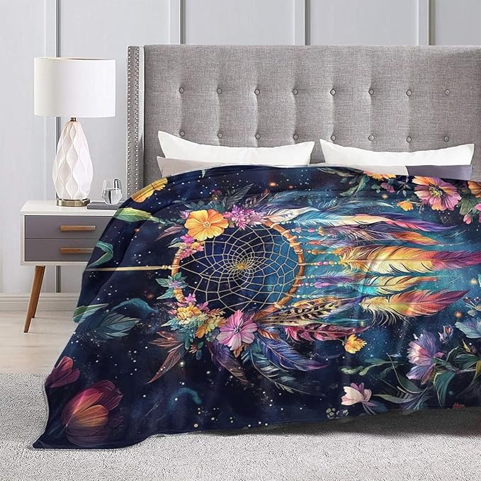 Dream Catcher Blanket Floral Feather Decor Throw Blanket Super Soft Flannel Lightweight Fluffy Plush Cozy Fuzzy Fleece Gifts Blanket for Girl Woman Man Boys Kids Adults for Bed Sofa 50"X60"