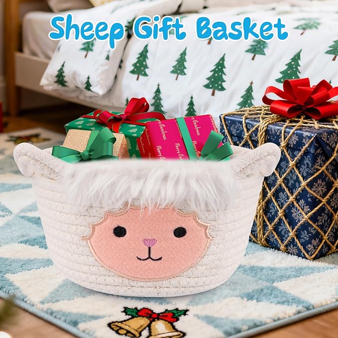 Small Storage Basket for Nursery, Sheep Woven Animal Gift Basket, Round Woven Rope Cotton Storage, Baby Blanket 0rganizer with Ears Handles, Blanket Towel Decor Storage Bins, 8.2"D x 4.7"H IN