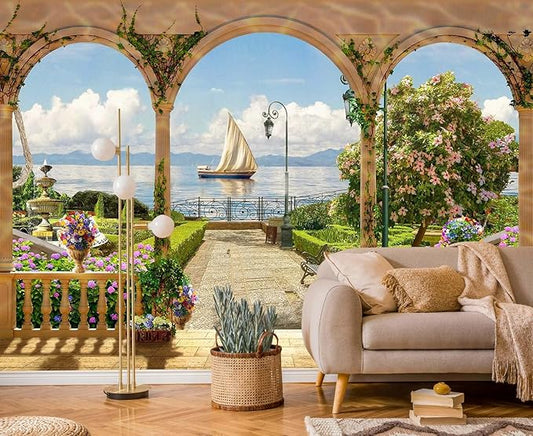 Garden Wallpaper Seascape Sailboat Wall Mural for Bedroom Living Room (Not Self-Adhesive)
