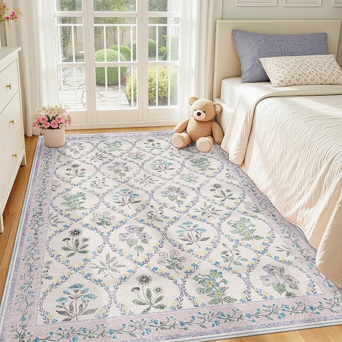Purple Rug for Girls Room, 5x7 Washable Boho Floral Area Rugs for Living Room, Cute Ultra-Thin Non Slip Indoor Girls Bedroom Decor Lavender Carpet for Baby Nursery Kids Room Playroom Dorm