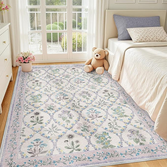 Purple Rugs for Bedroom, Machine Washable Area Rug 6x9 for Floral Nursery Decor, Large Non-Slip Cute Carpet for Baby Kids Bedroom Under Bed, Lounge, Dorm, Living Room Decor, Purple Grey