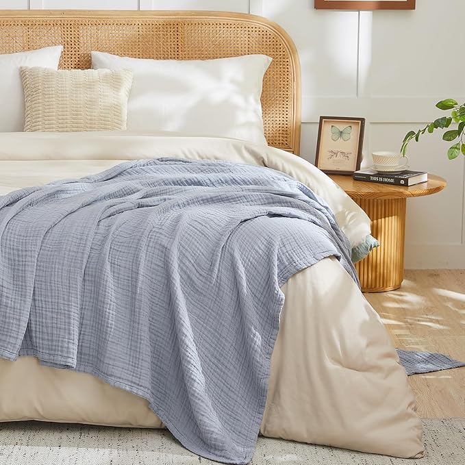 EMME Cotton Muslin King Blanket Bed Layering Breathable Gauze Blanket Soft Lightweight Blankets Adults (Dusty Blue, 108"x90")