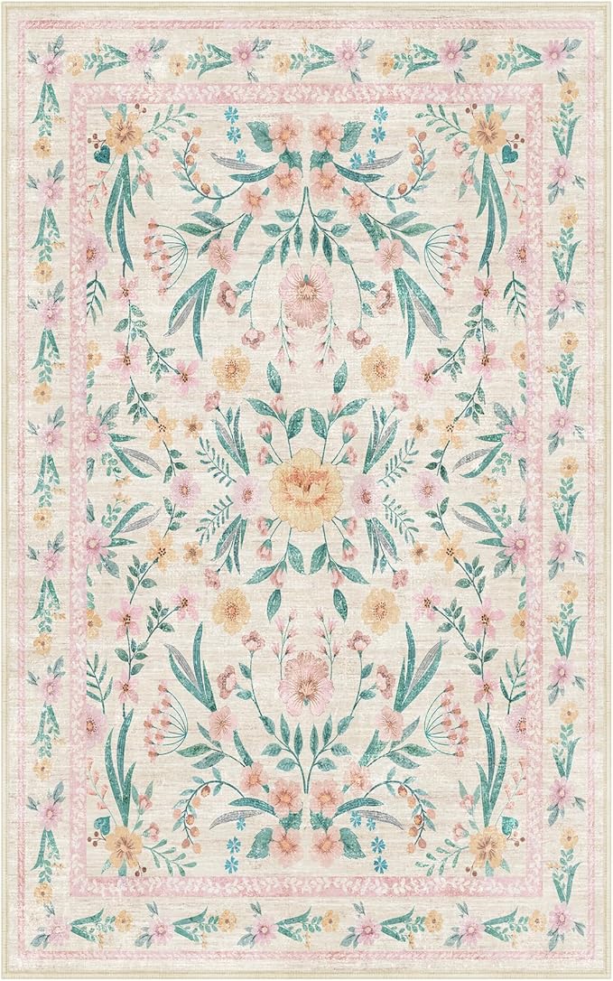5x8 Pink Floral Nursery Rug – Washable Non-Slip Soft Carpet, Cute Boho Area Rug for Girls Bedroom, Kids Room or Playroom