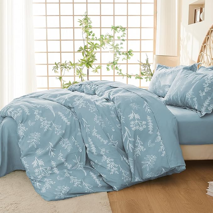 MUXHOMO Duvet Cover King Size, Reversible Floral Mineral Blue Duvet Cover Set with Zipper Closure, 3 Pieces Botanical Patterns Soft Microfiber Bedding Set (90"x104", 2 Pillow Cases 20"×36")
