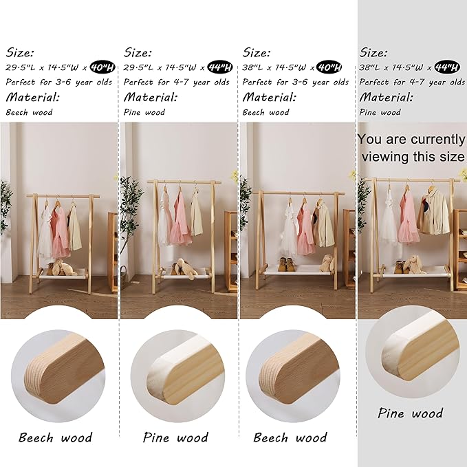 Dress up Rack, Child Garment Rack, Kids Clothing Rack with Storage Shelf (Natural Pine, 38" L x 14.5" W x 43.7" H)