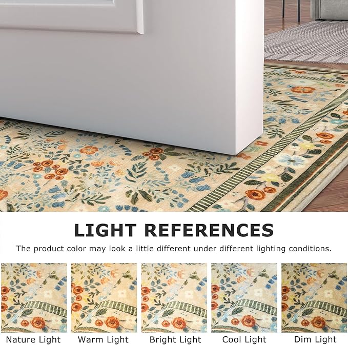 Rugs for Living Room 5x7, Machine Washable Non-Slip Thin Area Rugs, Boho Vintage Floral Soft Bedroom Carpet Rug for Home Indoor Dining Room, Beige/Multi