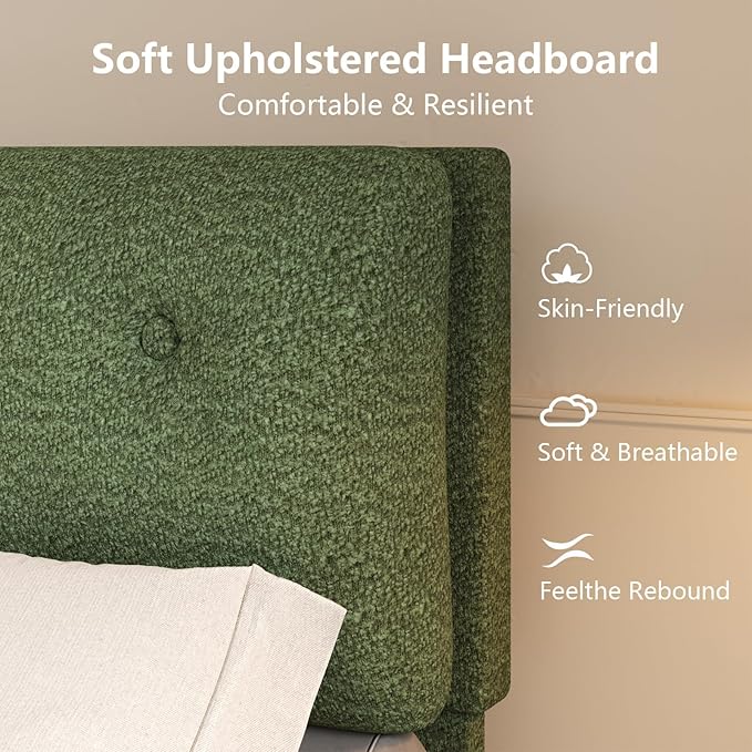 King Bed Frames,Breathable Boucle Fabric Upholstered Bed Frame with Headboard,Removable and Washable,Wood Slat Support,No Box Spring Needed,Easy Assembly,Green
