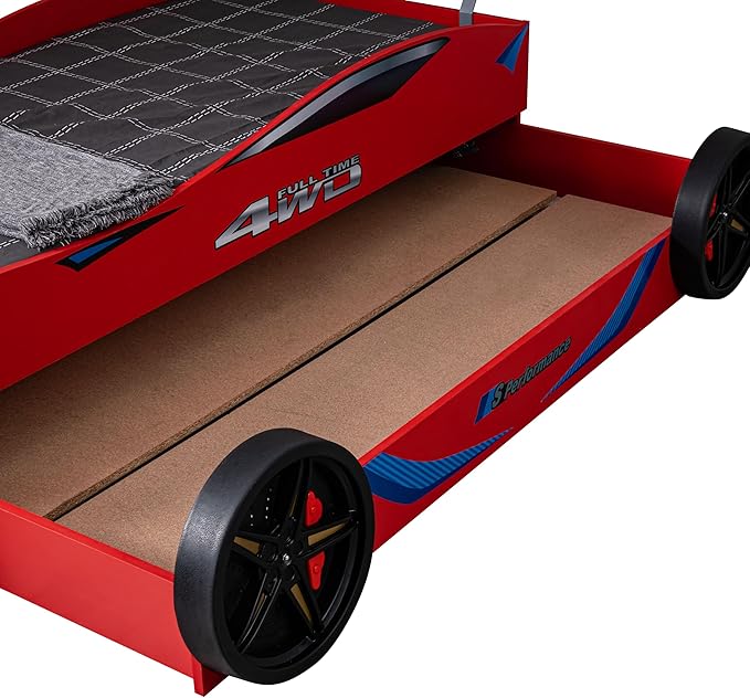 Furniture of America Redvers Modern Wood Twin-Size Kid Bed with Race Car Design and Pull-Out Trundle, No Box Spring Required for Toddler, Teens, Boys or Girls, Red