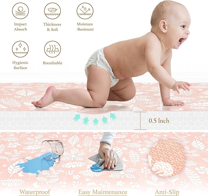 PopsyKosy Premium Baby Floor Play Mat - Thick & Cushioned 0.5 inch Playroom Foam Mat, Non-Toxic Odorless - 6 Tiles - Spacious 6x4 ft. - Stylish & Large, Waterproof for Kids & Toddlers - Baby Coral