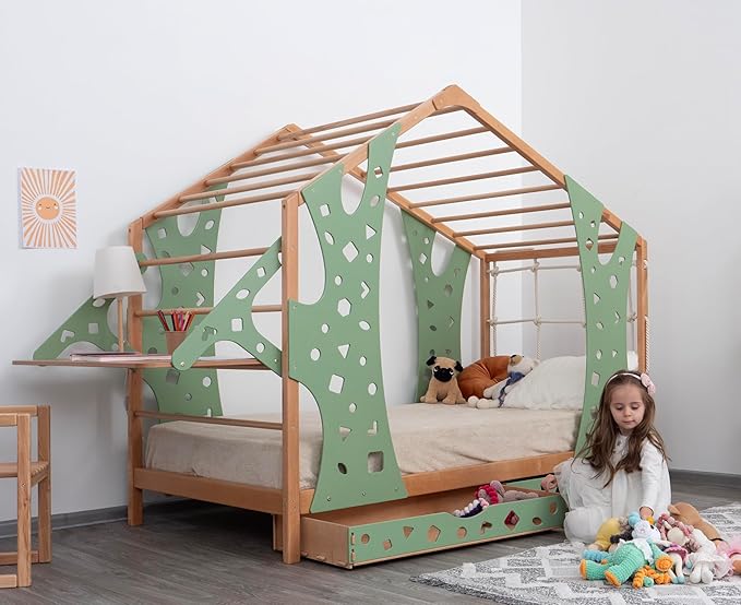 BUSY WOOD Monkey Bed – Twin Frame with Storage & Removable Table – Montessori Indoor Playground – Jungle Gym Furniture for Kids – Toddler Sleeping Frame with 2 Drawers