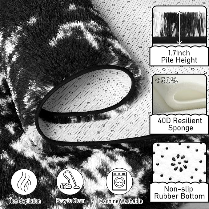 EVOIONOS Area Rug for Living Room Bedroom, Washable 5x8 Fluffy Shag Large Rug, Soft Plush Non Slip Carpet for Indoor Floor Bedside Nursery Kids Room, Home Decor Aesthetic, Tie-Dyed Black and White