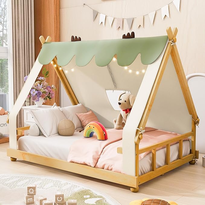 Full Size Floor Bed with Tent and Light, Wooden Montessori Bed Frame with Roof Design, Low Profile Beds for Kids, Boys and Girls, White