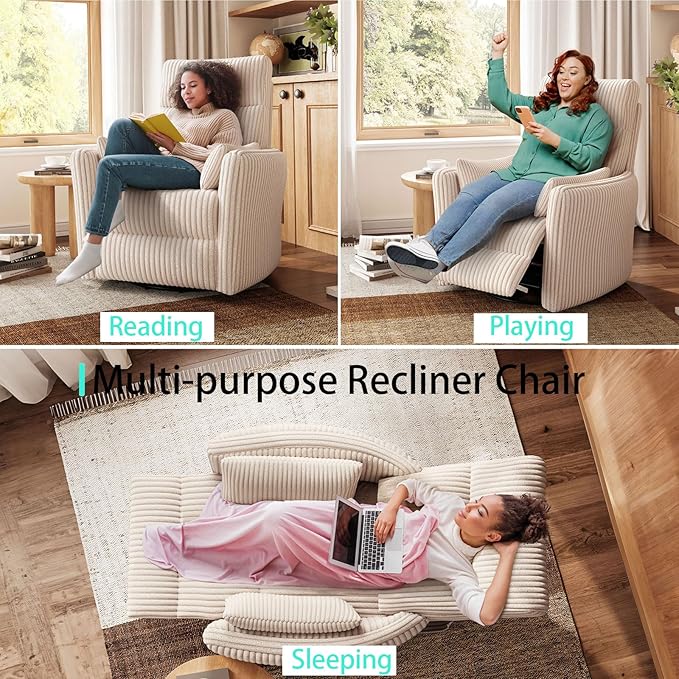 LINSY 360 Swivel Rocker Recliner - Corduroy Nursery Glider Rocking Chair with 2 Pillows, Comfy High Back Adult Recliner for Small Spaces, Nursery Bedroom Living Room Reclining Chairs (Beige)