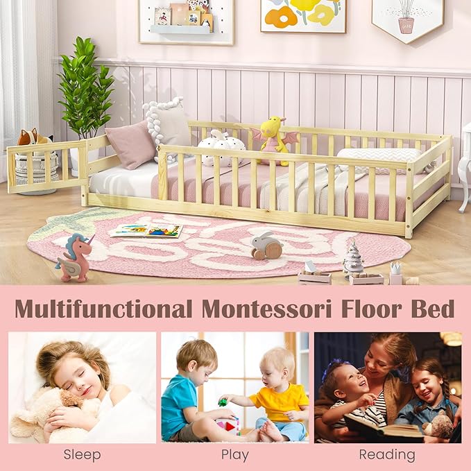 Giantex Twin Floor Bed with Fence for Kids, Wooden Montessori Bed Frame with Lockable Door & Guardrails, Low Floor Beds for Kids, Boys, Girls, No Box Spring Needed, Without Wood Slats, Natural