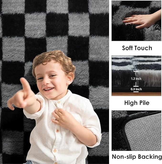 KICMOR Checkered Rugs for Living Room 5x8 Black and Grey, Fluffy Fuzzy Plush Soft Shag Area Rug, Large Big Shaggy Floor Carpets Geometric Rug for Bed Room Kids Boys Home Decor Aesthetic, Playroom