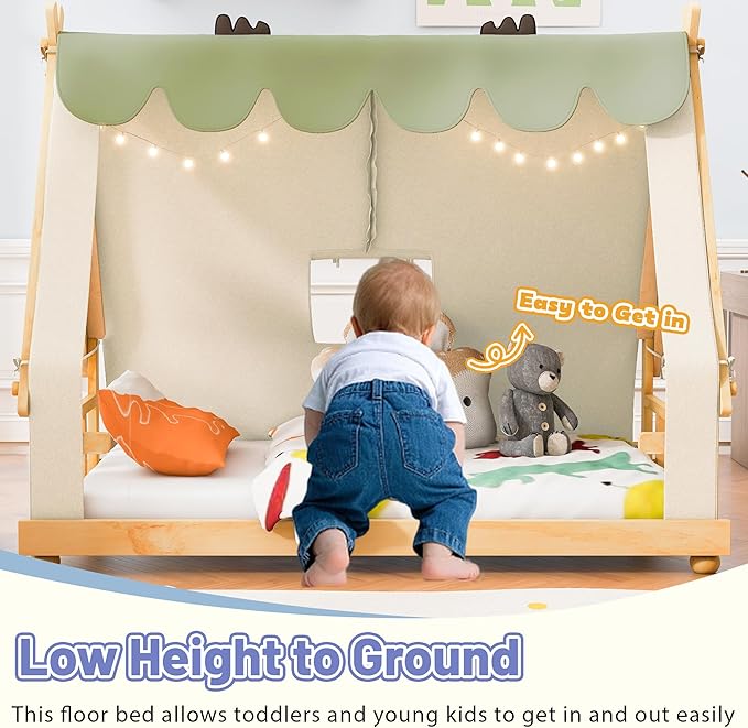 Twin Size Floor Bed with Tent and Light, Wooden Montessori Bed Frame with Roof Design, Low Profile Beds for Kids, Boys and Girls, White