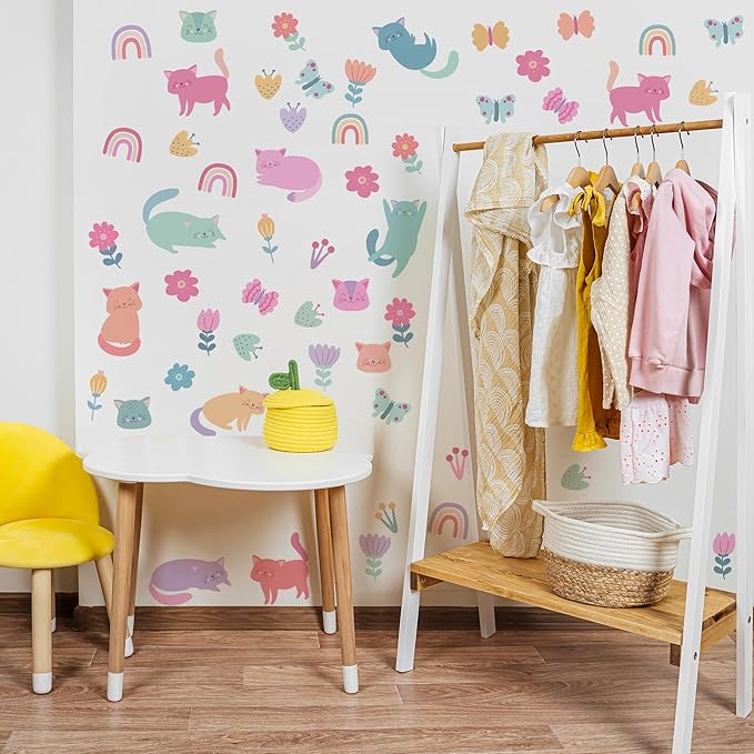 Cat Wall Decals - Girl Nursery Decor, Colorful Pet Cat Butterfly Rainbow Decal,Removable Vinyl Art Murals for Living Room Baby Rooms Bedroom Toilet House Wall DIY Decoration