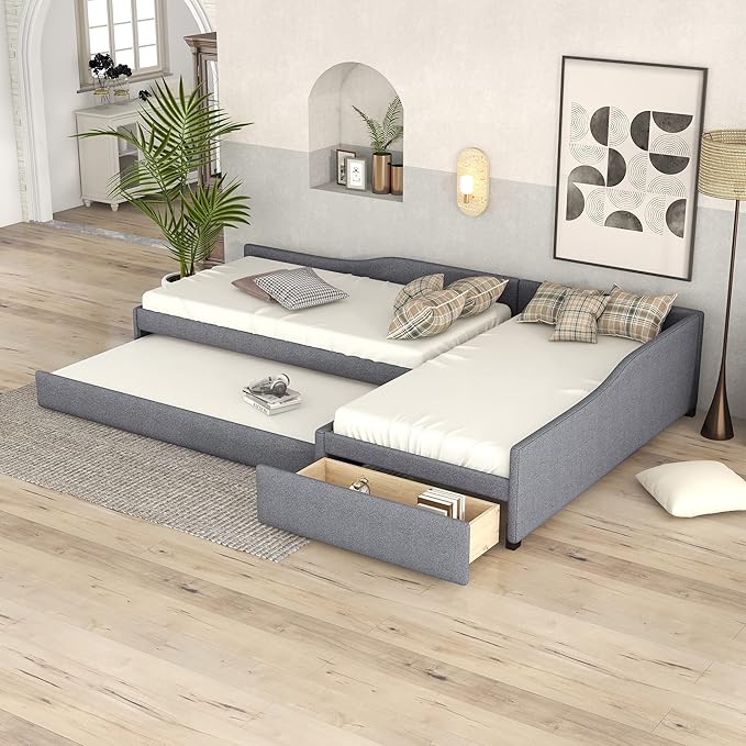Bellemave L-Shape Platform Bed Twin Size Upholstered Daybed with Trundle and Storage Drawer Linen Corner Day Bed Frame for 3 Kids Boys Girls Teens, Gray