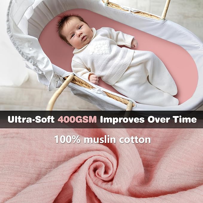 3-Pack Cotton Muslin Bassinet Sheets - Fitted Elastic Mattress Cover for Baby Boys & Girls, Breathable Bedside Bassinet Sheets Neutral Colors (Fits Oval & Rectangle Shape) (Pink)
