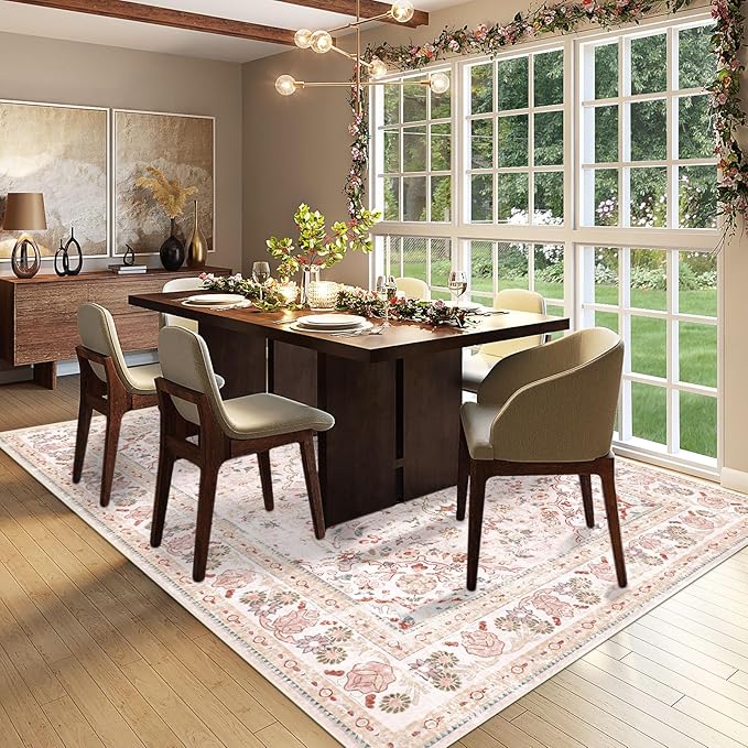 Vhong Pink Area Rugs Washable Boho Vintage Modern Neutral Large Carpet 6×9 High Traffic Rugs for Dinning Room Living Room Bedroom Girls' Room Nursery Room Non Slip