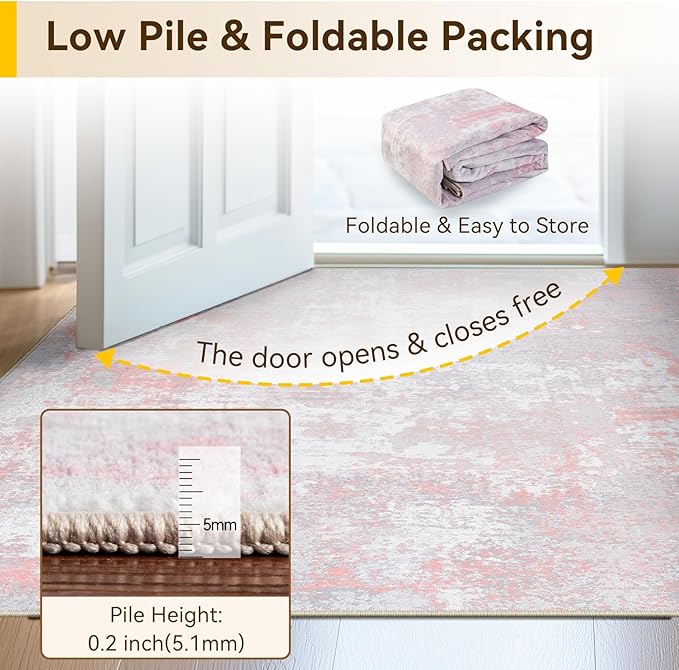 Washable Area Rugs 7'x9' Non-Slip Modern Abstract Soft for Living Room Entryway Bedroom Nursery, Print Pattern, Grey Pink