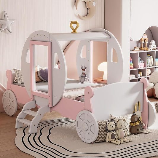 Cute Twin Size Princess Carriage Bed with Crown and Stair,Solid Wood Platform Car Bed Frame with 2 Doors,Headboard and Footboard,Safety Wood Slats for Kids Boys Girls (White+Pink-s18)