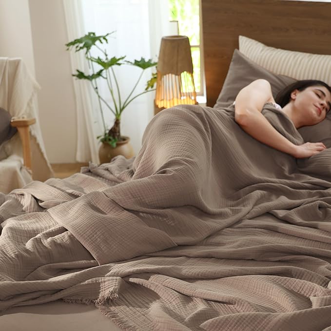 MooMee Muslin Blanket - 100% Cotton 4-Layer Gauze Throw Blanket with Tassels Ultra-Soft Breathable Lightweight Cooling for Bed Couch (Brown,Throw 60" x 50")