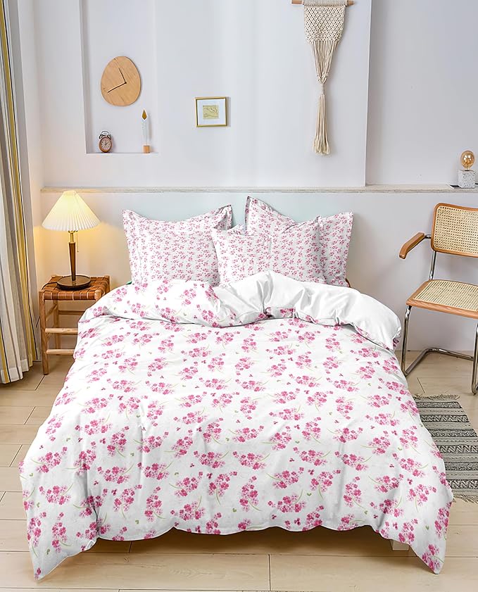 Girl Duvet Cover King Pink White Flower Print Bedding Sets Garden Style Floral Aesthetic Cover Chic Floral Bedroom 1 Duvet Cover with 2 Pillowcases