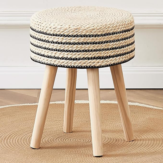 Cpintltr Round Ottoman Footstool Natural Seagrass Foot Stool Pouf Ottomans with Solid Wood Legs Hand Weave Hyacinth Footrest Step Stool for Living Room Balcony Garden Natural & Black