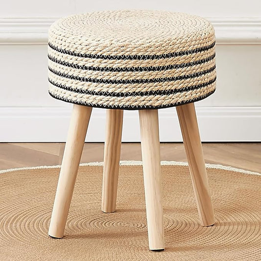 Cpintltr Round Ottoman Footstool Natural Seagrass Foot Stool Pouf Ottomans with Solid Wood Legs Hand Weave Hyacinth Footrest Step Stool for Living Room Balcony Garden Natural & Black