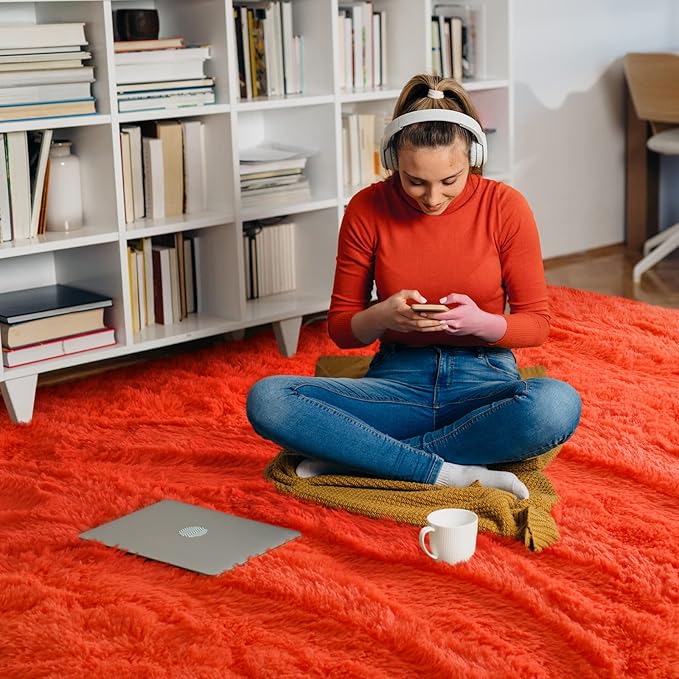 Merelax Soft Modern Indoor Shaggy Area Rug for Bedroom Livingroom Dorm Kids Room Home Decorative, Non-Slip Plush Fluffy Furry Fur Rugs Comfy Nursery Accent Floor Carpet 4x5.9 Feet, Orange Red