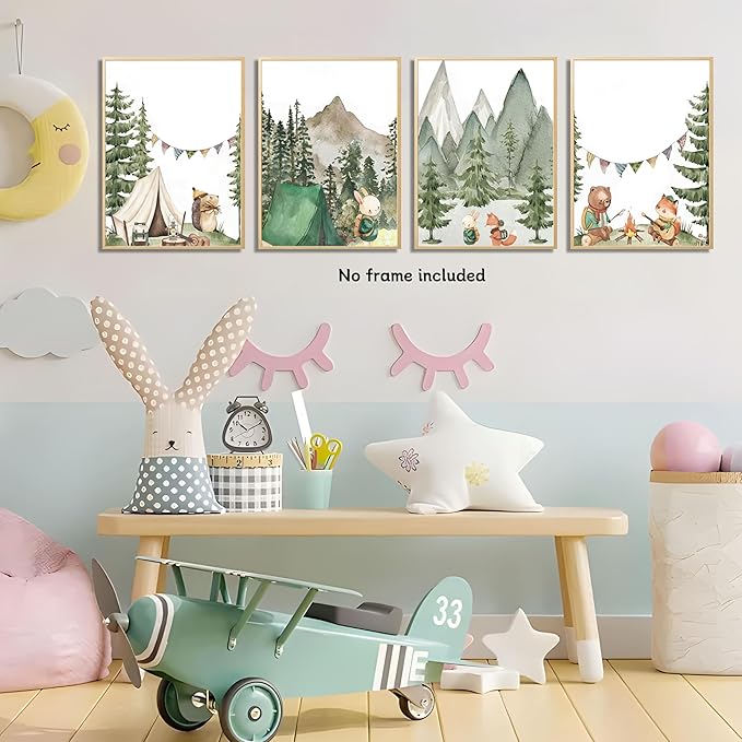 Kousne Woodland Adventure Nursery Canvas Wall Art Set of 4 Camping Animal Prints BearFox Rabbit Hiking PostersForest Mountain Themed Kids Room PictureNature Exploration Wall Decor Frameless 12x16In ﻿