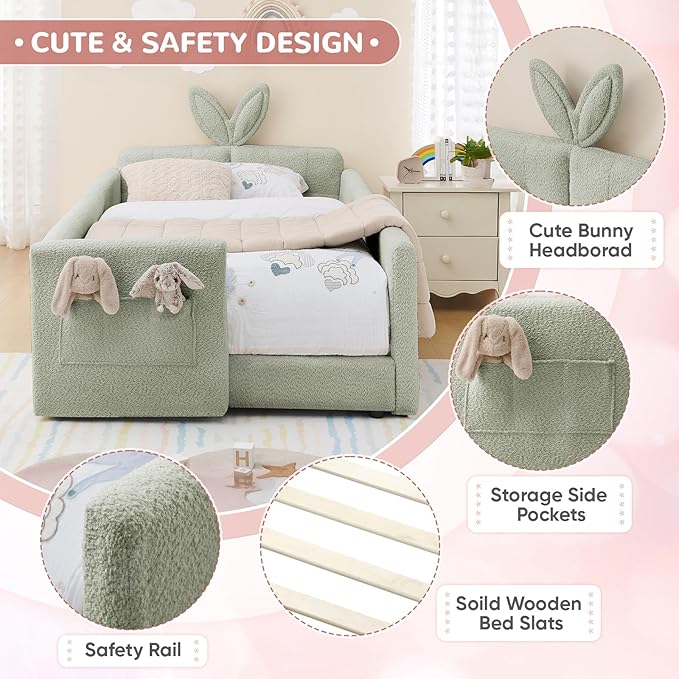 Twin Size Kids Bed with Rabbit Ear Headboard, Upholstered Boucle Fabric Twin Daybed with Slats Support & Side Pockets, Space-Saving Wooden Corner Sofa Couch Bed Frame, for Girls, Boys, Teenager(Green)